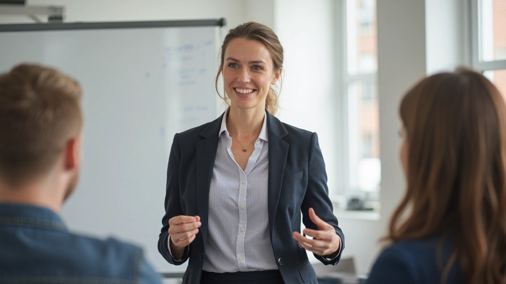 Professionele Nederlandse spreker geeft uitspraakles in moderne klasruimte