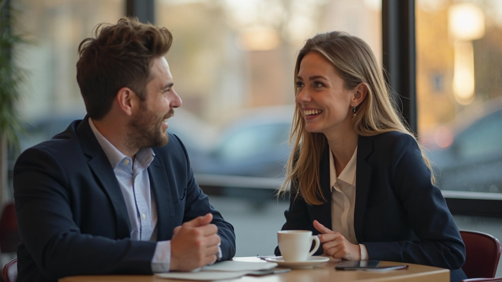 Twee professionals voeren een natuurlijk gesprek in een modern kantoor