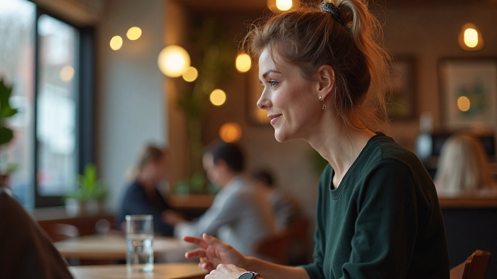 Professional woman engaged in conversation at modern Dutch café