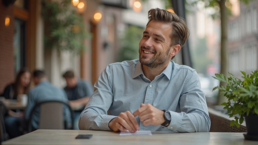 Jonge man voert zelfverzekerd een gesprek in Nederlands op een terras in Amsterdam