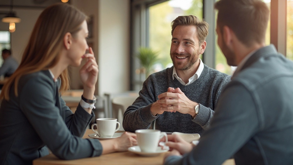 Professionals voeren informeel gesprek met koffie in hand