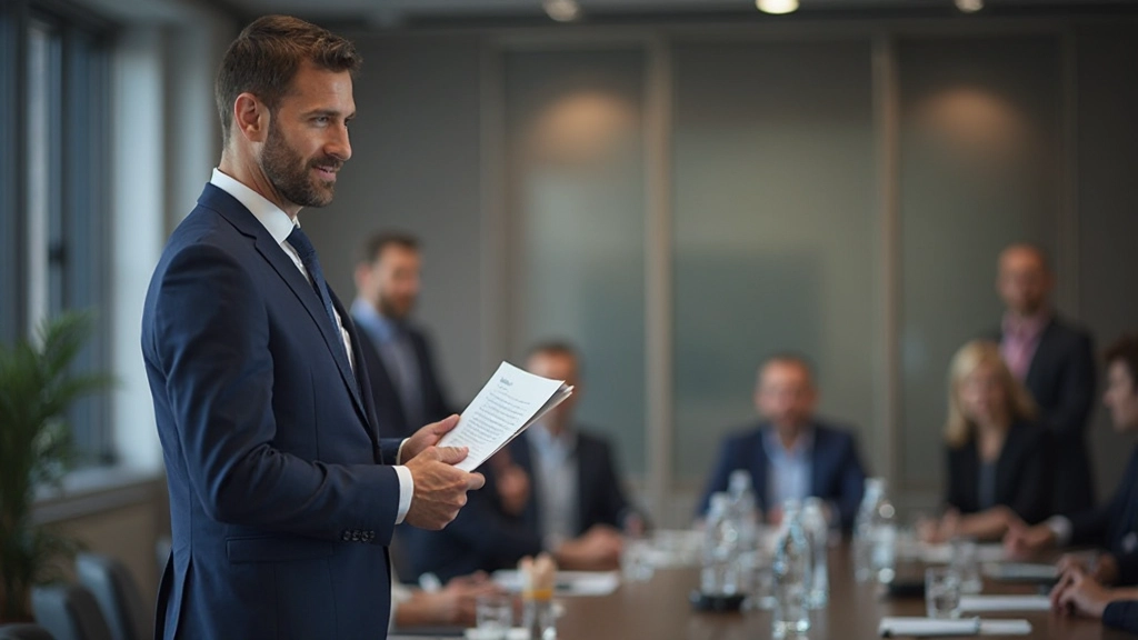 Professionele man in pak presenteert Nederlands zakelijk document in een conferentiekamer