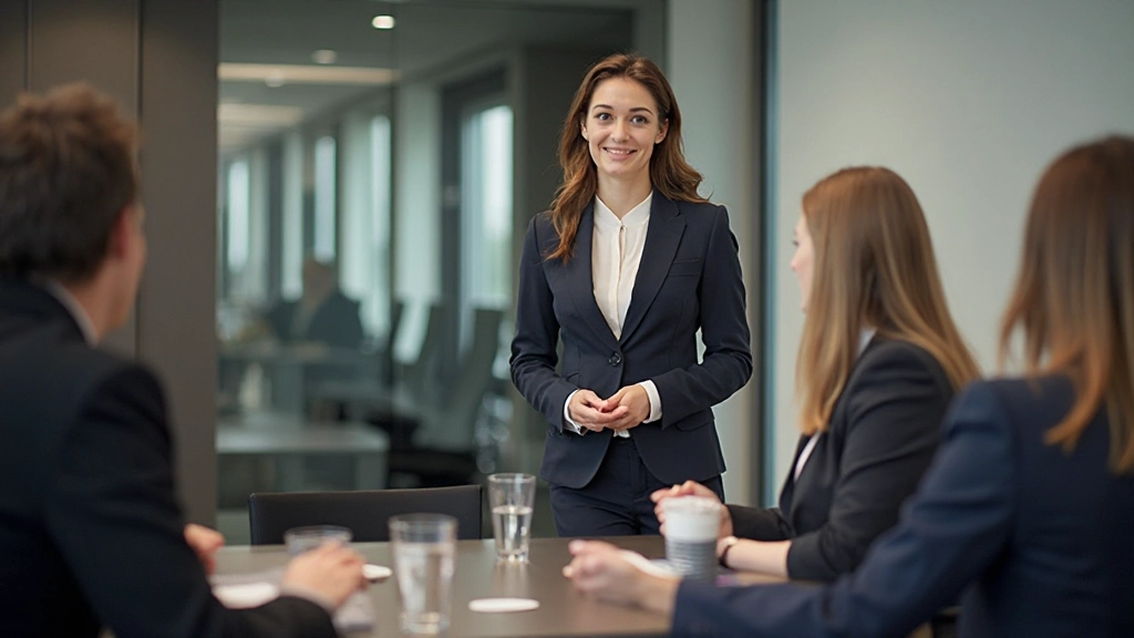 Student confidently presenting at professional Dutch business meeting table