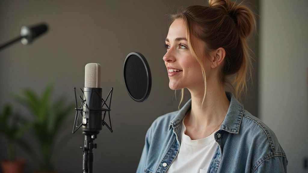 Vrouw oefent Nederlands uitspraken voor een spiegel met microphone in een studiokamer