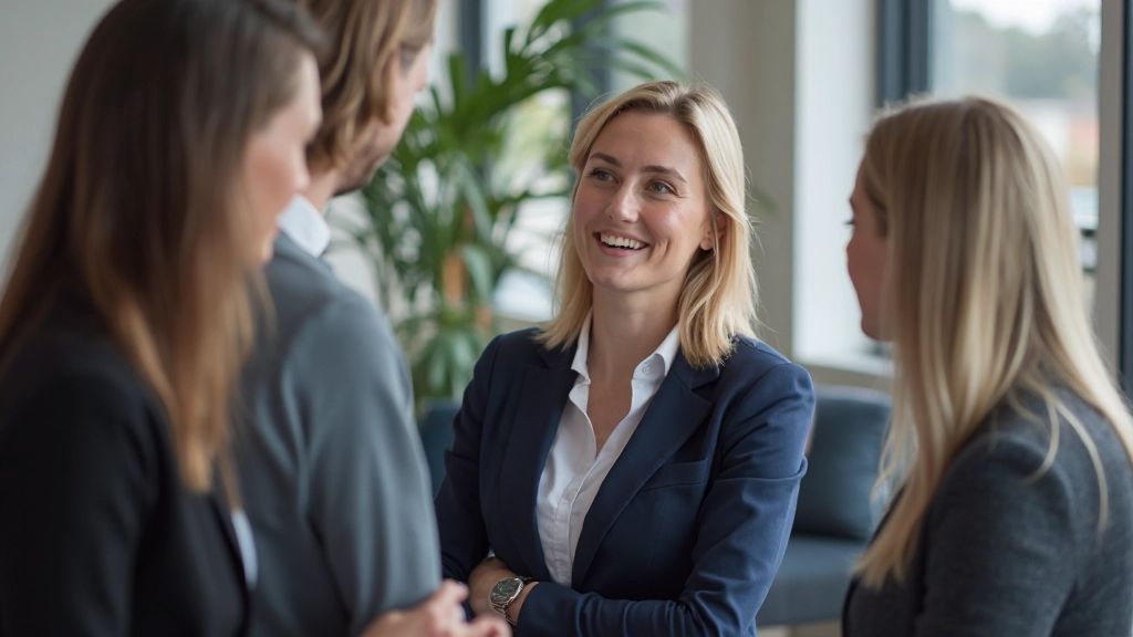 Vrouw spreekt zelfverzekerd Nederlands in een professionele omgeving met collega's