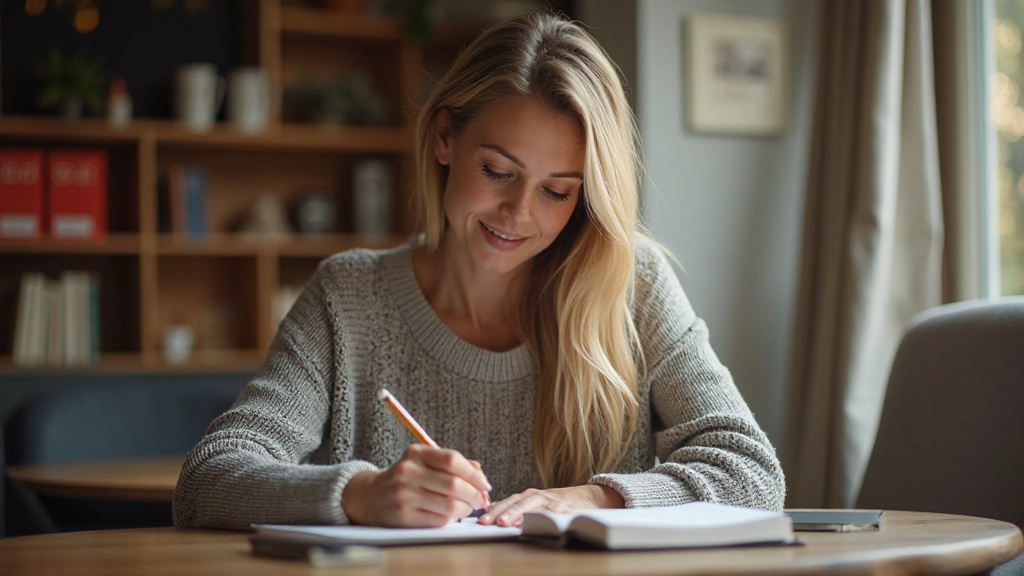 Vrouw schrijft Nederlands dagboek en oefent uitspraken thuis in haar werkkamer